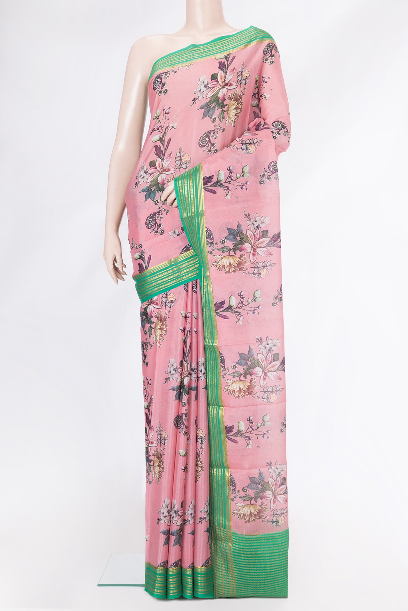 Pink Mysore Crepe Saree with Printed design on the body and Zari Border.  displayed on a mannequin