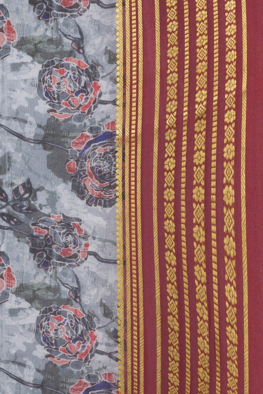 Border image of Grey Dual Tone Mysore Silk Saree with Printed design on the body and Zari Border. 
