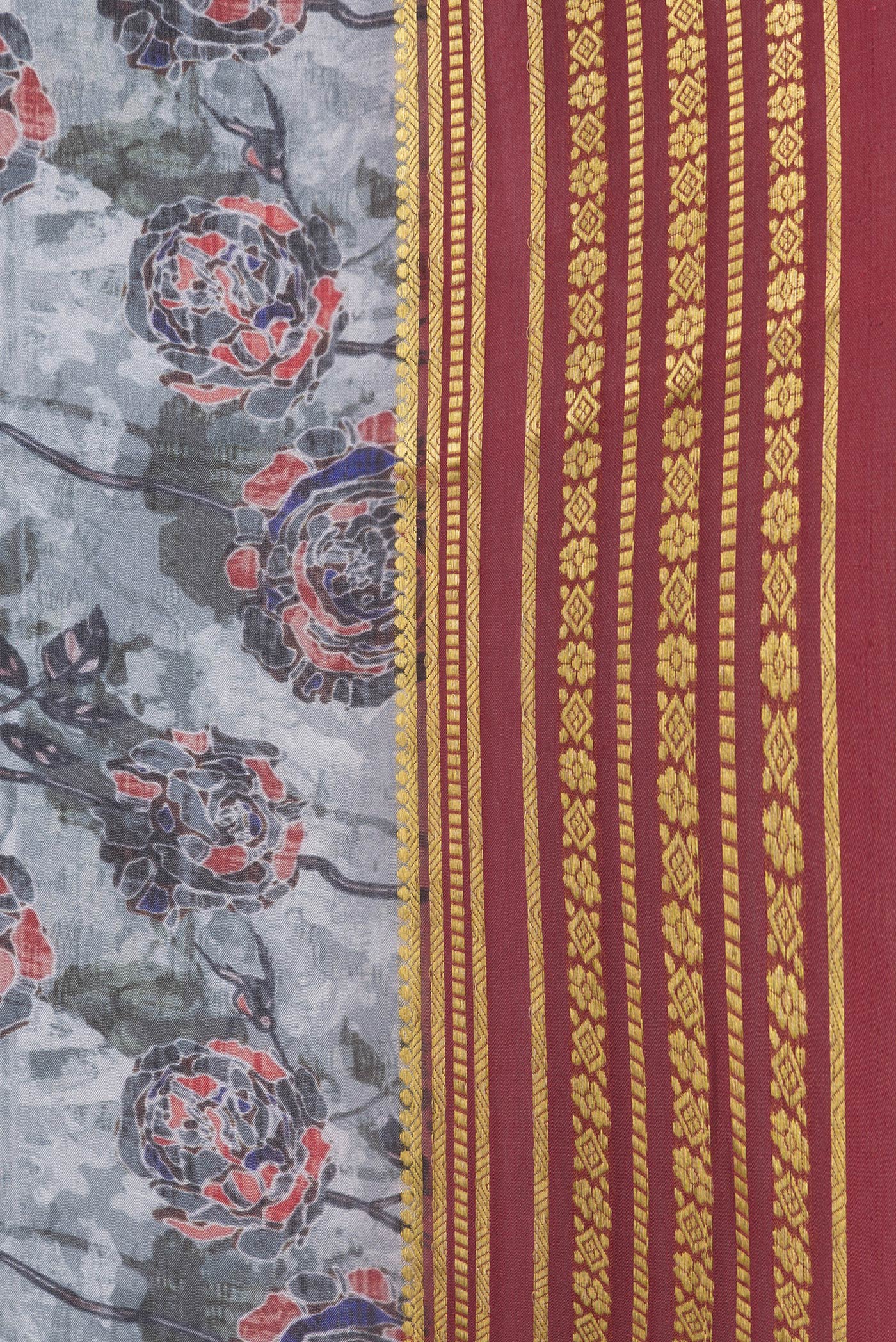 Border image of Grey Dual Tone Mysore Silk Saree with Printed design on the body and Zari Border. 