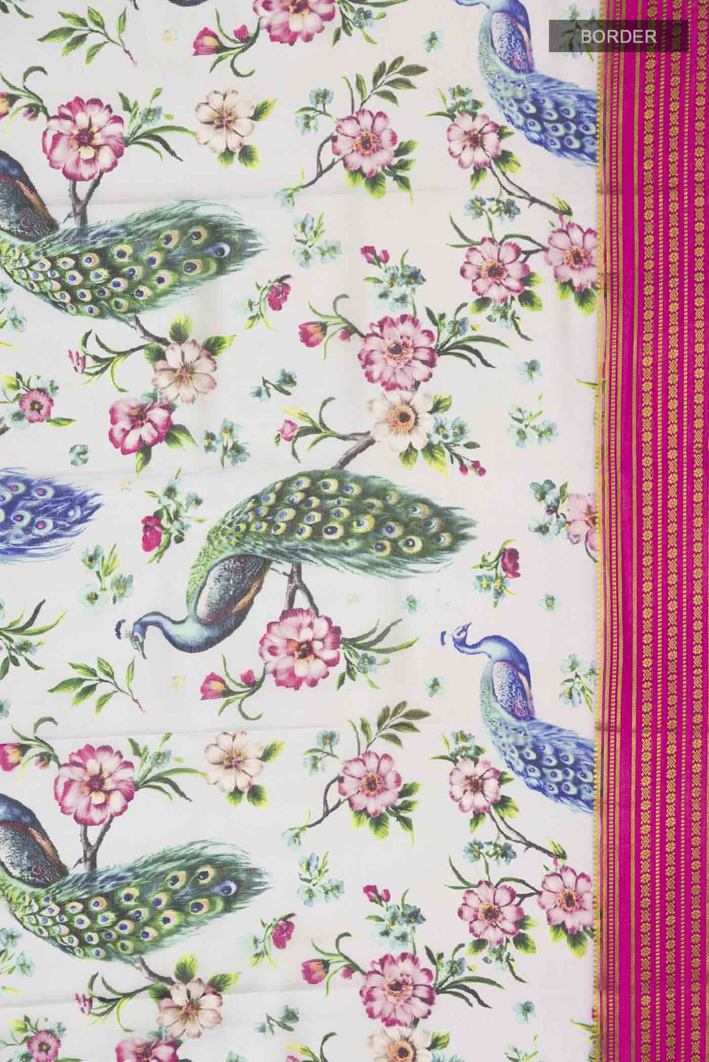 Border image of Grey Mysore Crepe Saree with Printed design on the body and Zari Border