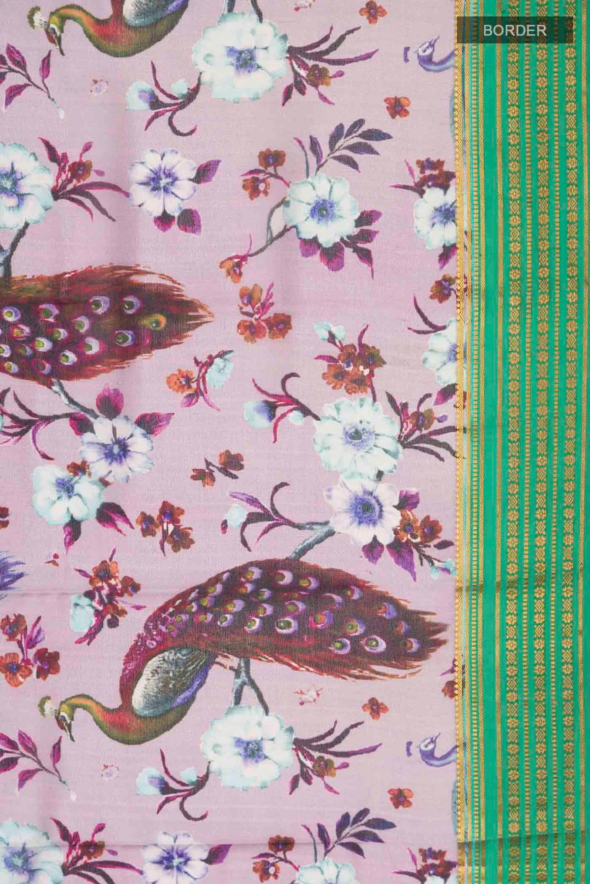 Border image of Lavender Mysore Crepe Saree with Printed design on the body and Zari Border