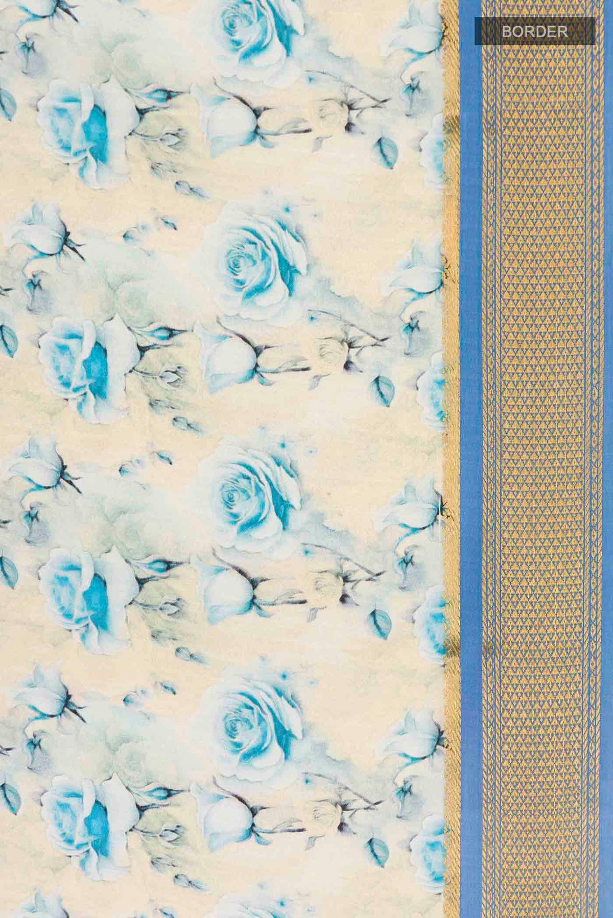 Border image of Cream Mysore Crepe Saree with Printed design on the body and Zari Border