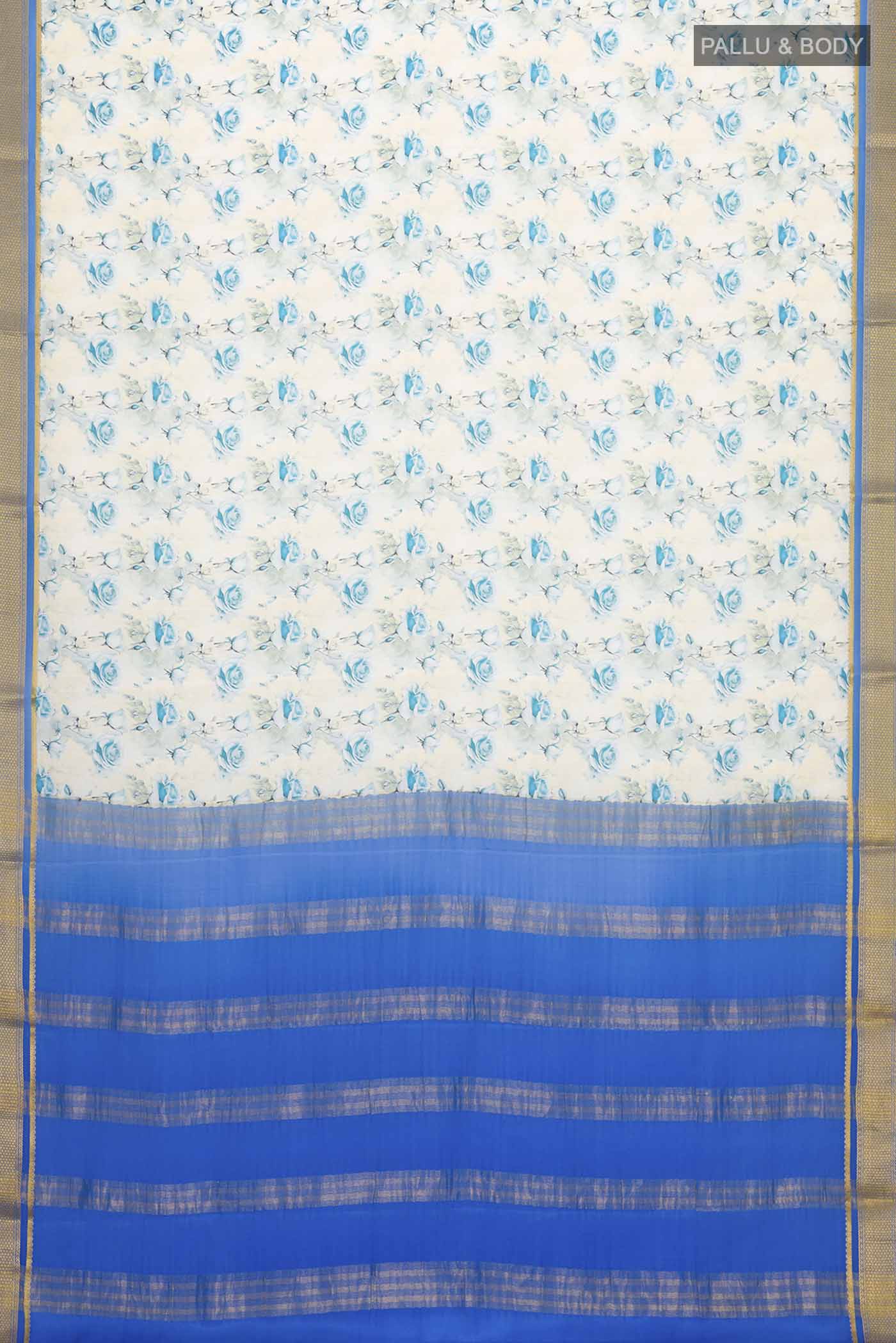 Flat view of Cream Mysore Crepe Saree with Printed design on the body and Zari Border