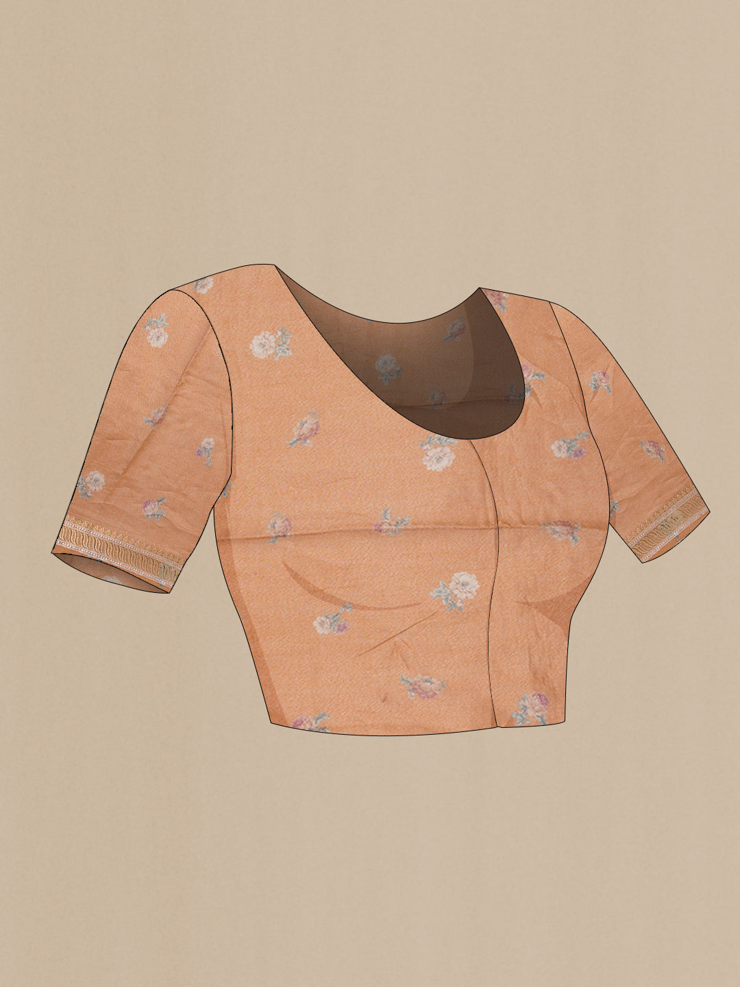 Close up image of the blouse of Orange Dual Tone Organza Silk Saree with Printed design on the body and Zari Border. 