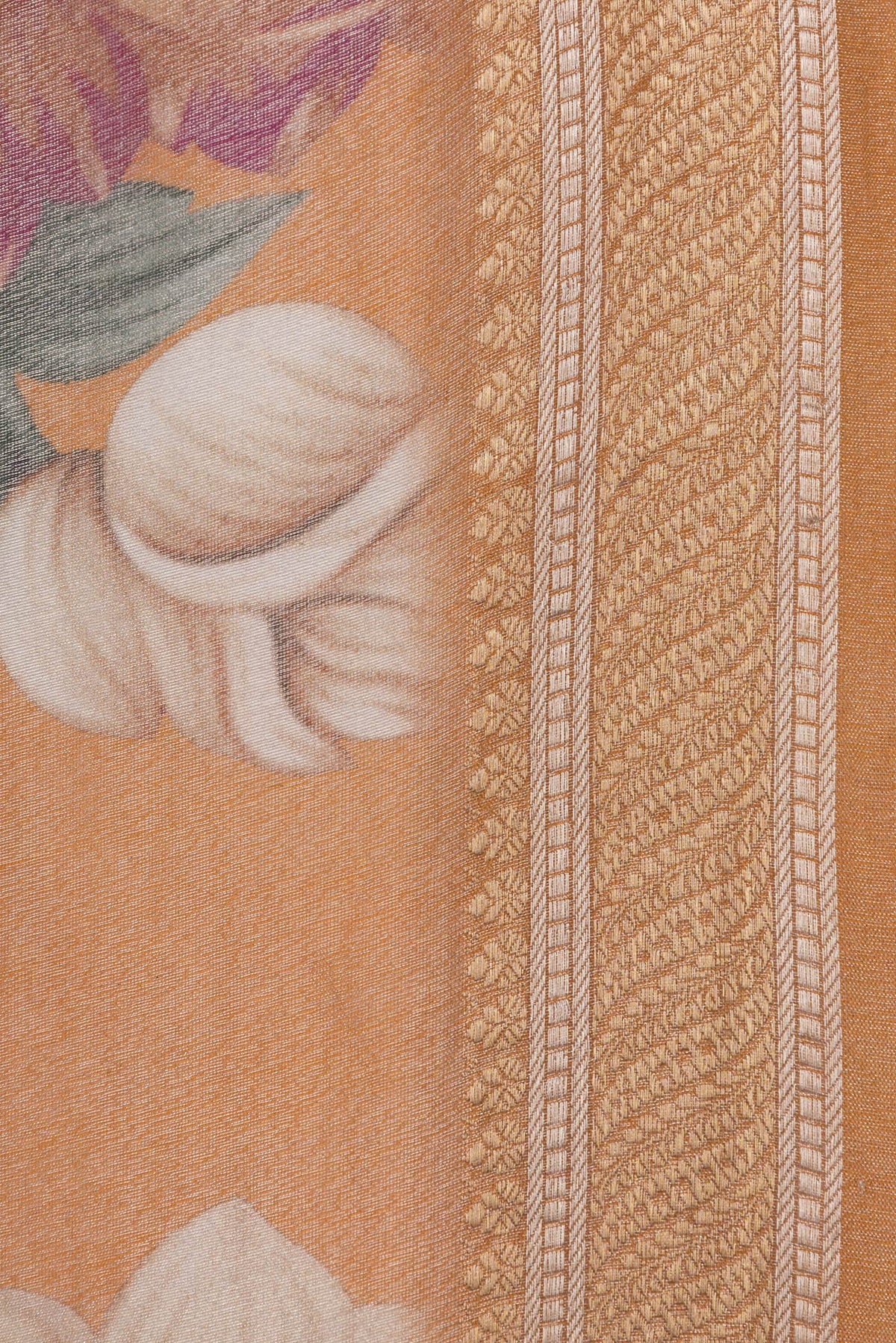 Border image of Orange Dual Tone Organza Silk Saree with Printed design on the body and Zari Border. 