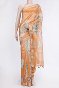 Orange Dual Tone Organza Silk Saree with Printed design on the body and Zari Border.  displayed on a mannequin