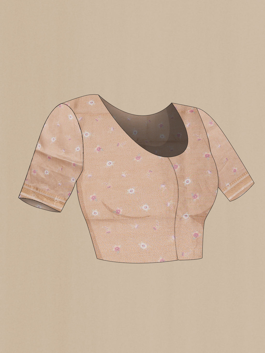 Close up image of the blouse of Beige Dual Tone Organza Silk Saree with Printed design on the body and Zari Border. 