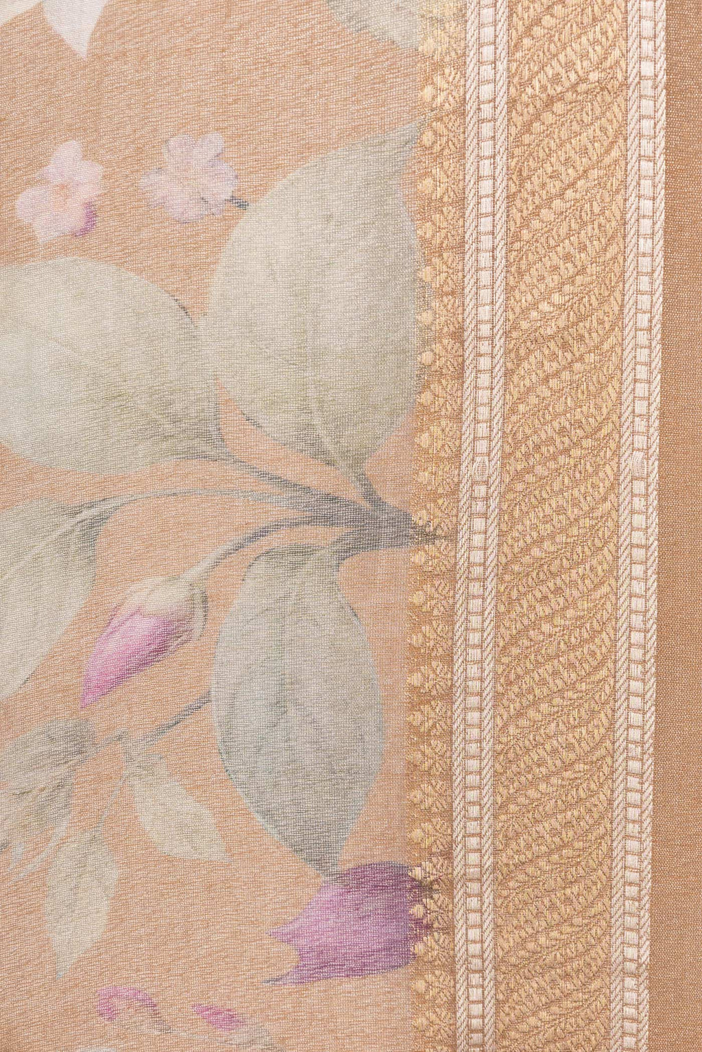 Border image of Beige Dual Tone Organza Silk Saree with Printed design on the body and Zari Border. 