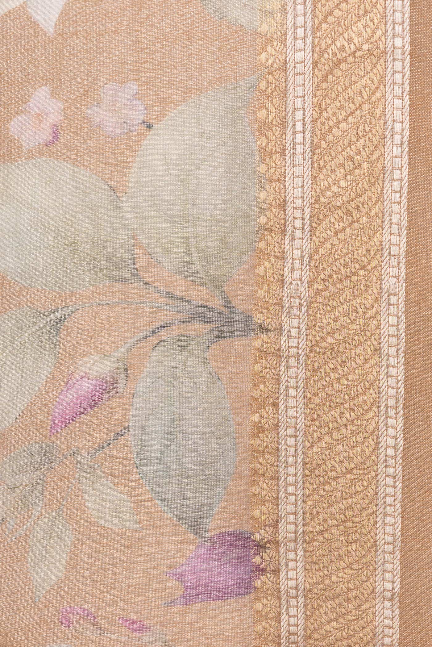 Border image of Beige Dual Tone Organza Silk Saree with Printed design on the body and Zari Border. 