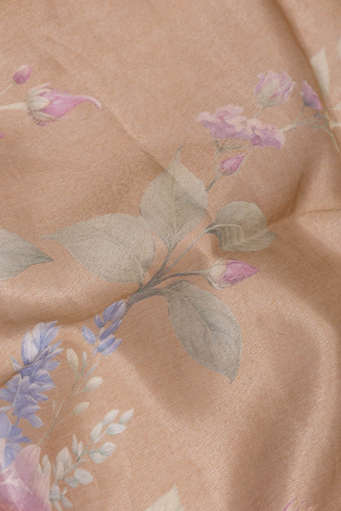 Close up of Beige Dual Tone Organza Silk Saree with Printed design on the body and Zari Border.  displaying folds