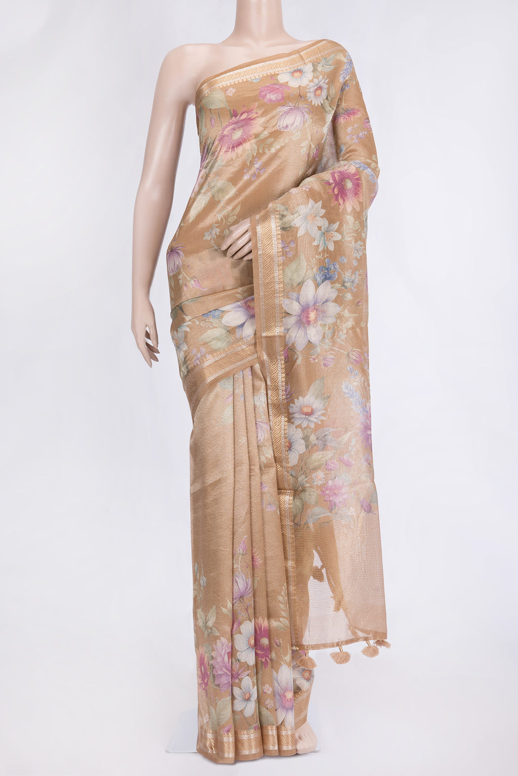 Beige Dual Tone Organza Silk Saree with Printed design on the body and Zari Border.  displayed on a mannequin