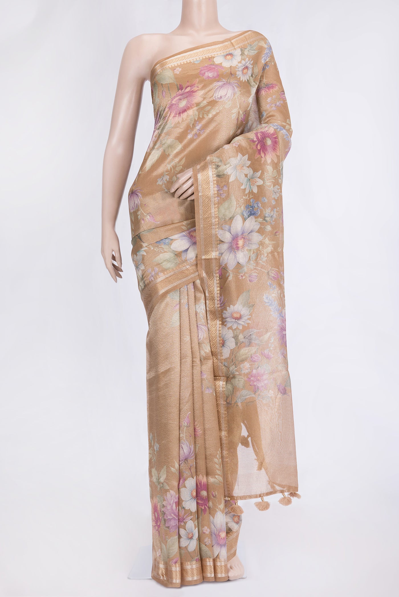 Beige Dual Tone Organza Silk Saree with Printed design on the body and Zari Border.  displayed on a mannequin