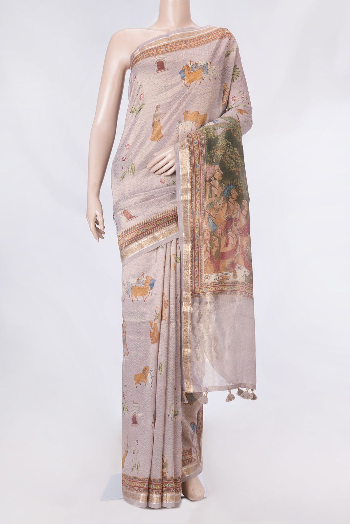 Lavender Dual Tone Organza Silk Saree with Zari Brocade on the body and Zari Border displayed on a mannequin