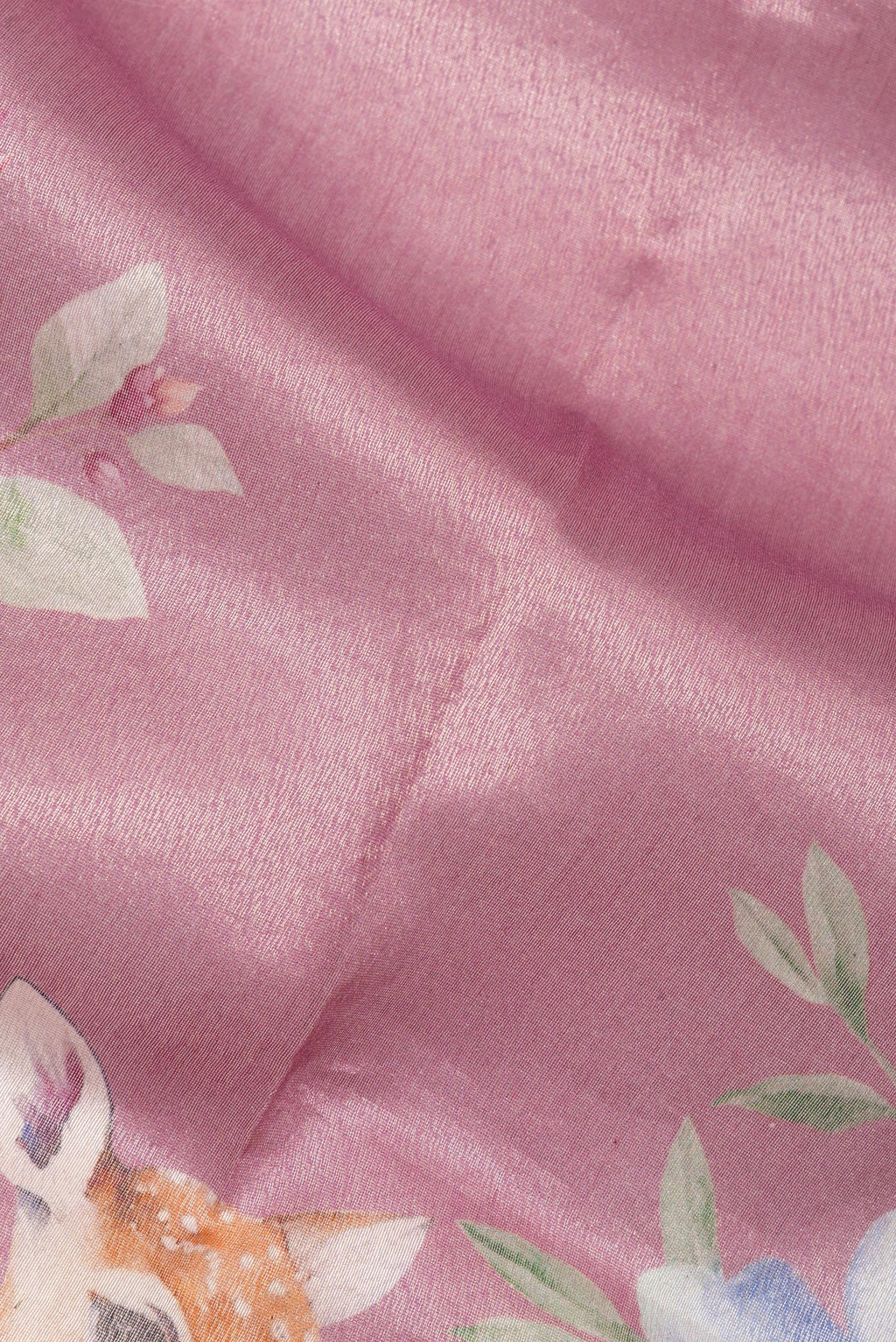 Close up of Pure Silk Pink Dual Tone Chanderi Saree with Printed design on the body and Zari Border.  displaying folds