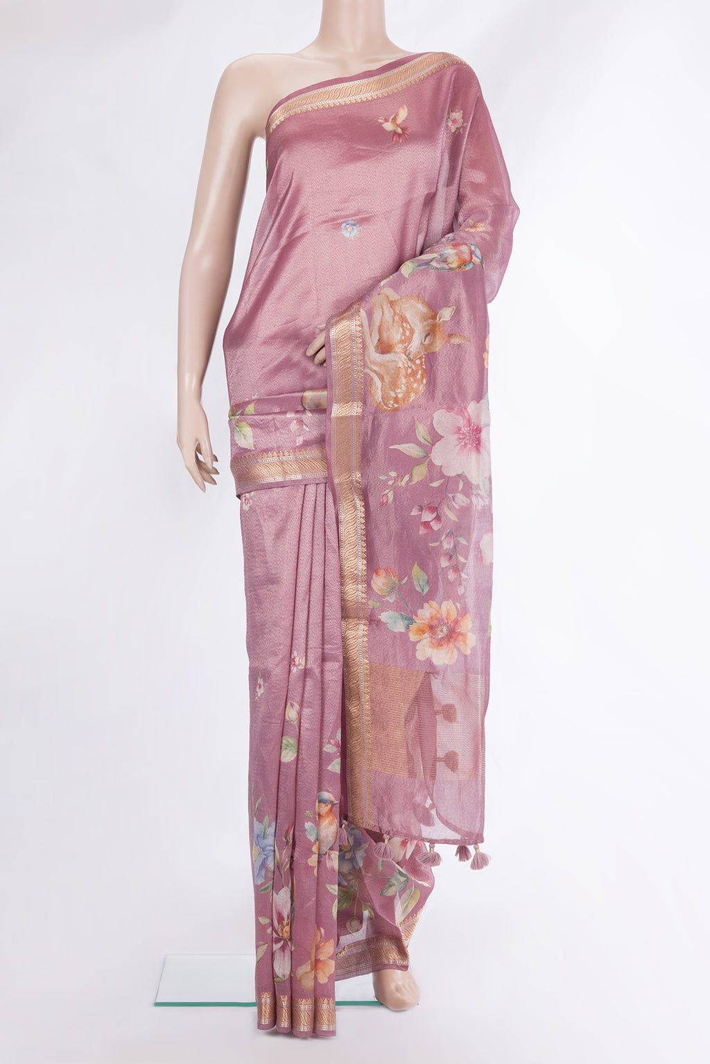 Pure Silk Pink Dual Tone Chanderi Saree with Printed design on the body and Zari Border.  displayed on a mannequin