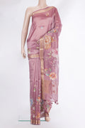 Pure Silk Pink Dual Tone Chanderi Saree with Printed design on the body and Zari Border.  displayed on a mannequin