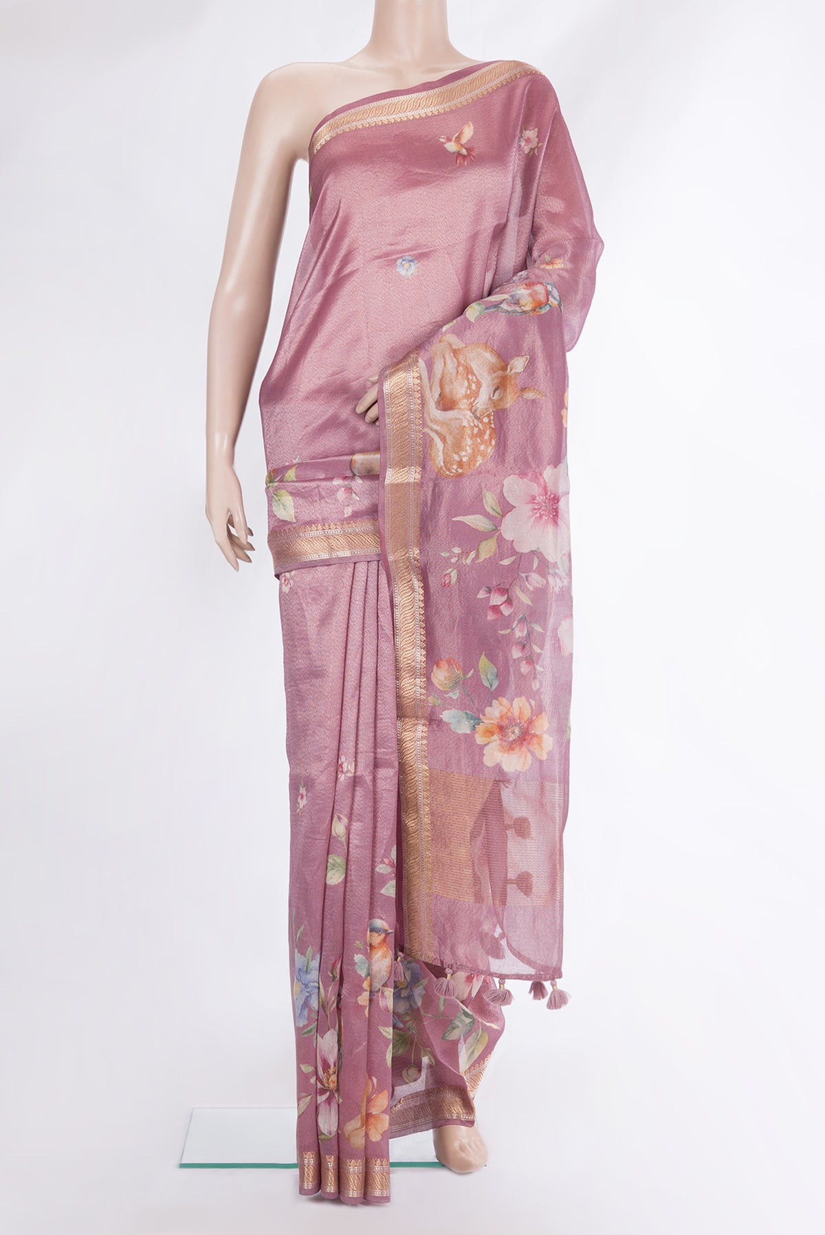 Pure Silk Pink Dual Tone Chanderi Saree with Printed design on the body and Zari Border.  displayed on a mannequin