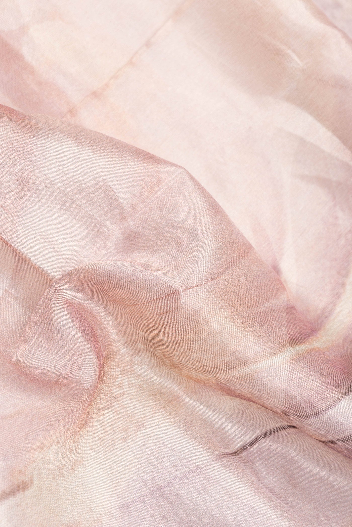 Close up of Rose Gold Dual Tone Organza Silk Saree with Printed design on the body and Zari Border.  displaying folds