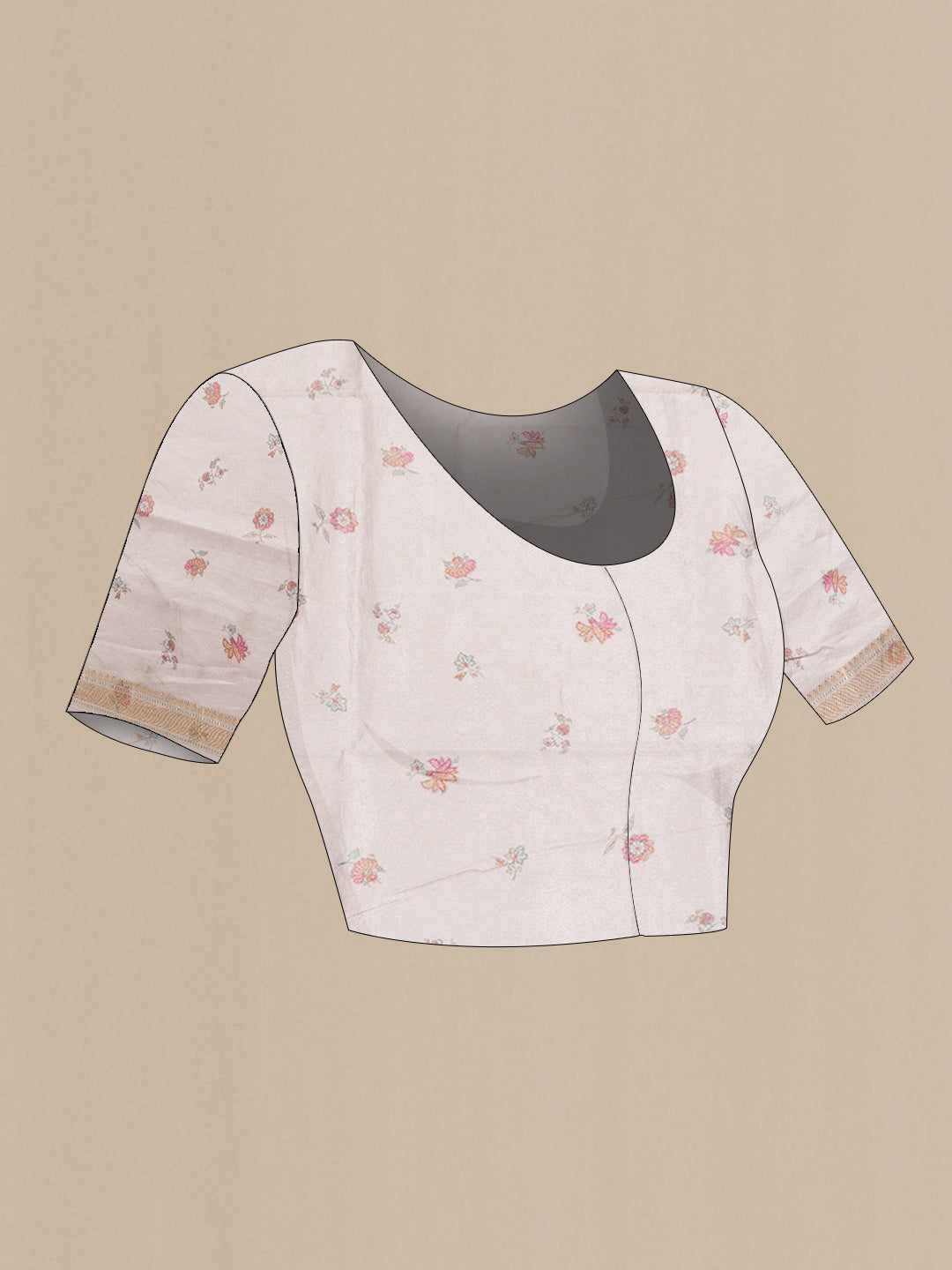 Close up image of the blouse of Bronze Dual Tone Organza Silk SareePrinted design on the body and Zari Border