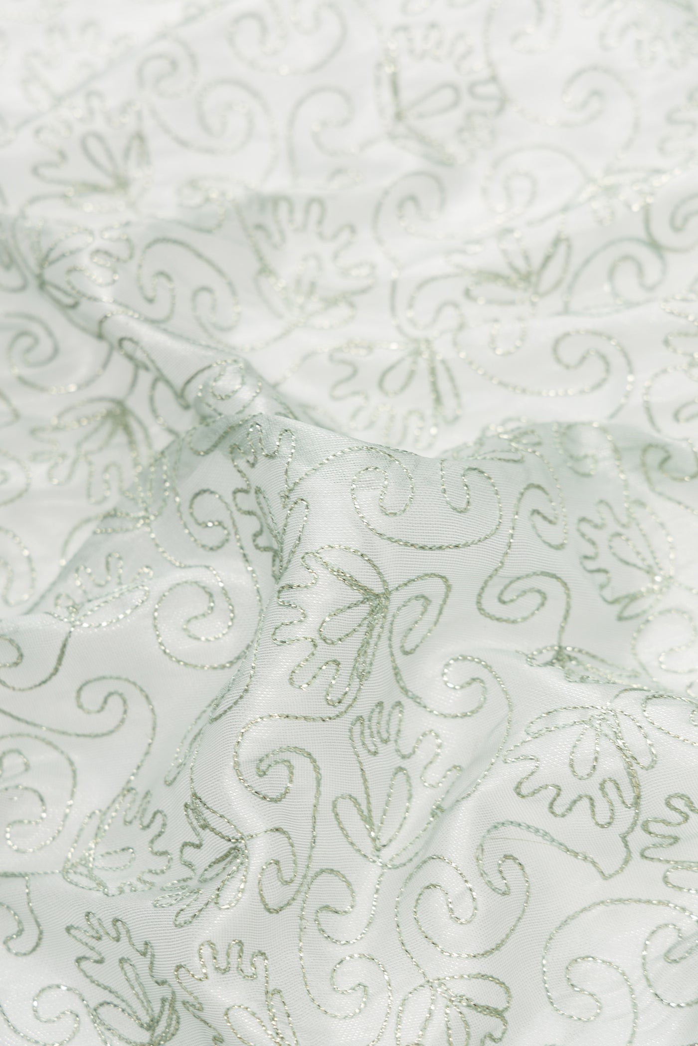 Close up of Light Green Dual Tone Organza Silk Saree with Embroidery on the body and Embroidery Border.  displaying folds