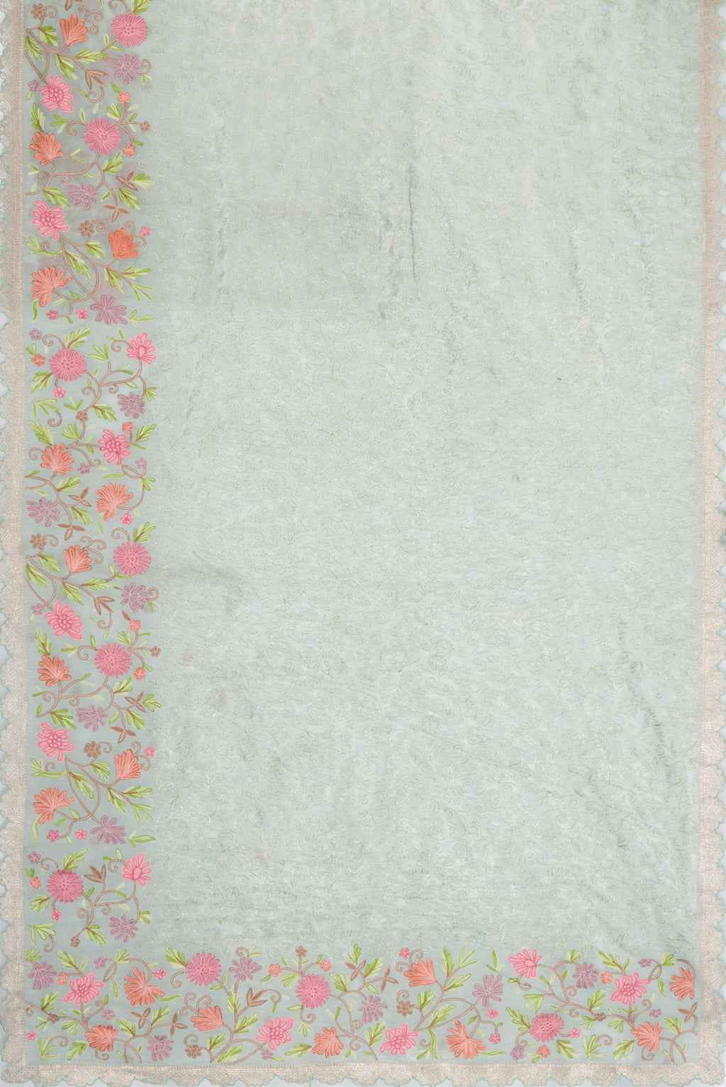 Flat view of Light Green Dual Tone Organza Silk Saree with Embroidery on the body and Embroidery Border. 