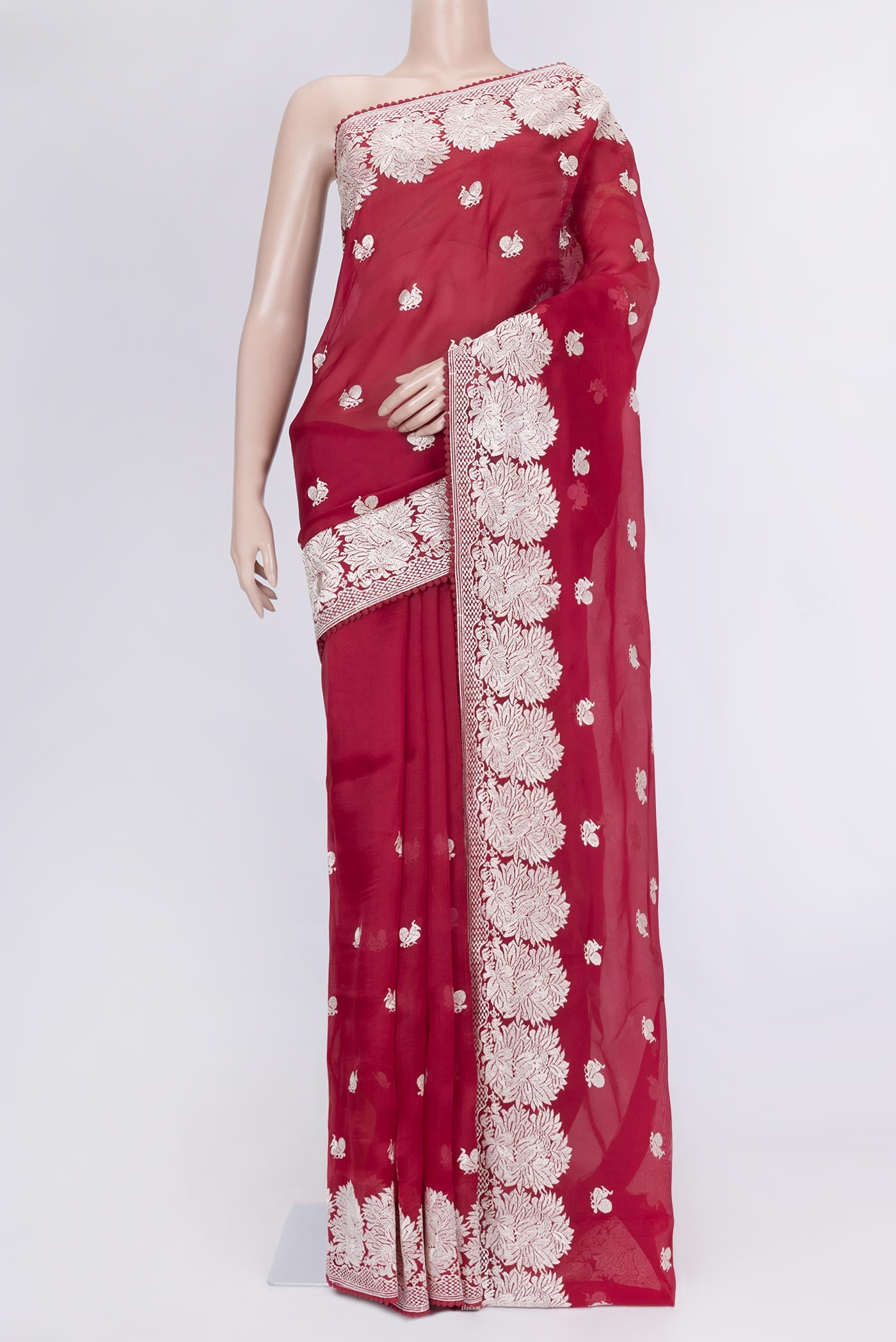 Red Dual Tone Organza Silk Saree with Zari Brocade on the body and Zari Border.  displayed on a mannequin