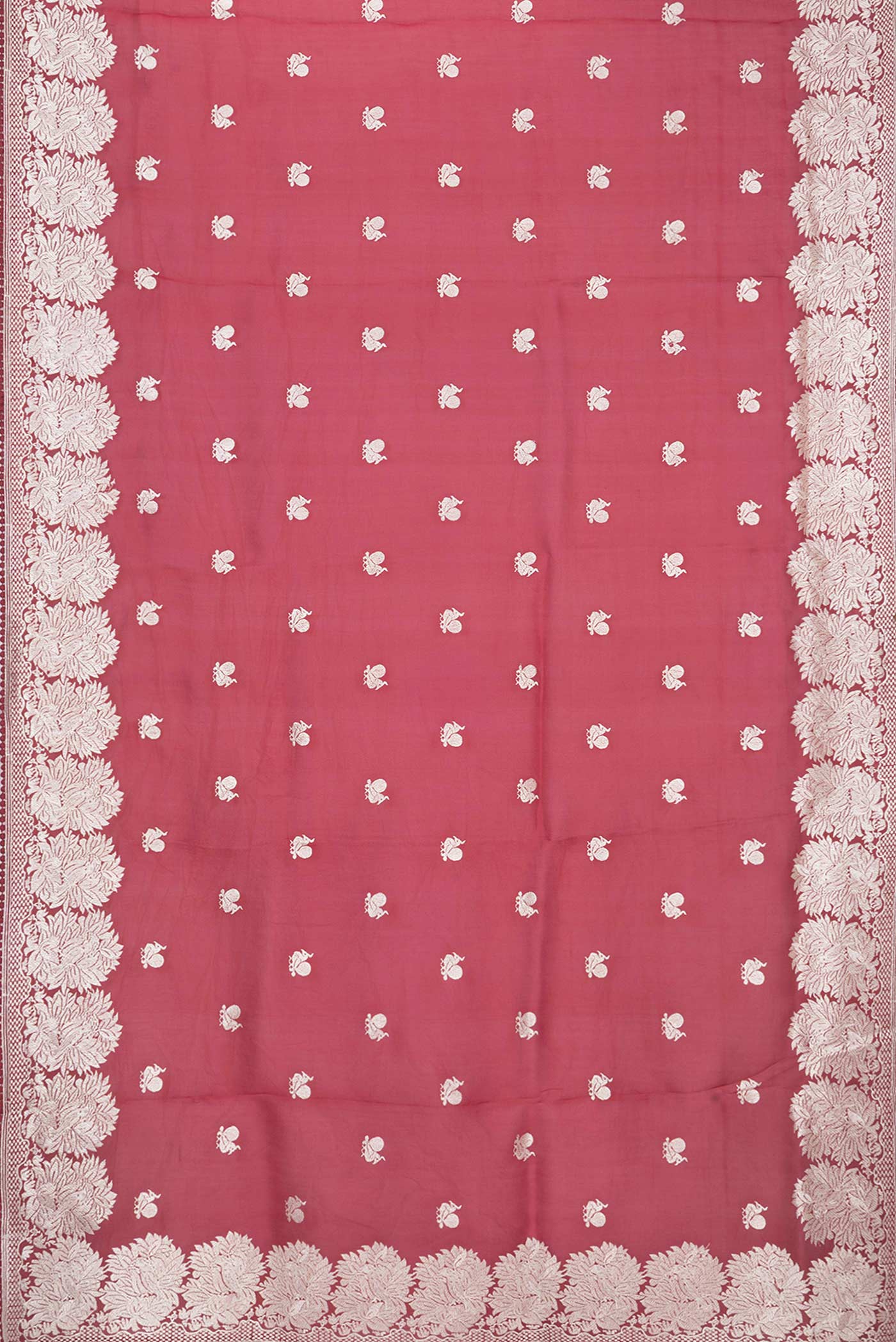 Flat view of Red Dual Tone Organza Silk Saree with Zari Brocade on the body and Zari Border. 