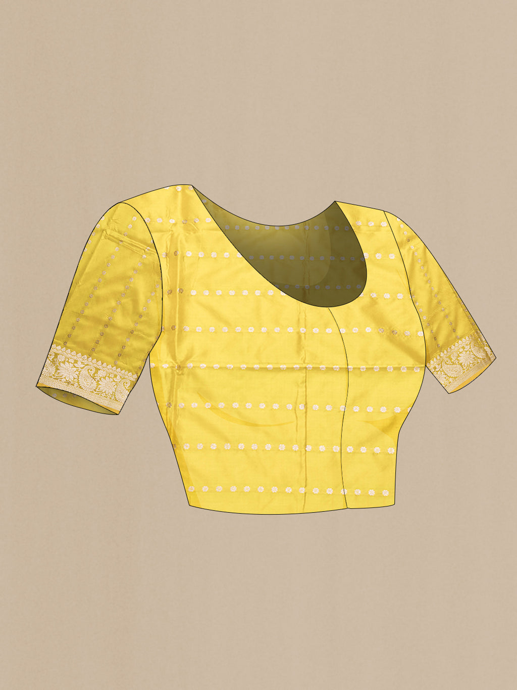 Close up image of the blouse of Yellow Dual Tone Banarasi Silk Saree with Zari Butta on the body and Zari Border. 