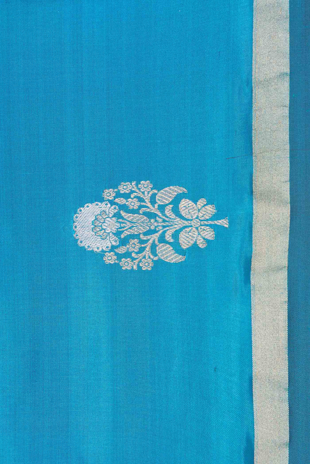 Border image of Peacock Blue Dual Tone Banarasi Silk Saree with Zari Butta on the body and Zari Border. 