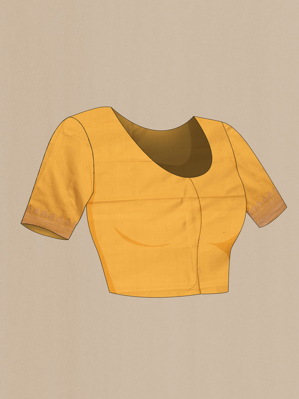 Close up image of the blouse of Yellow Dual Tone Banarasi Silk Saree with Zari Butta on the body and Zari Border. 