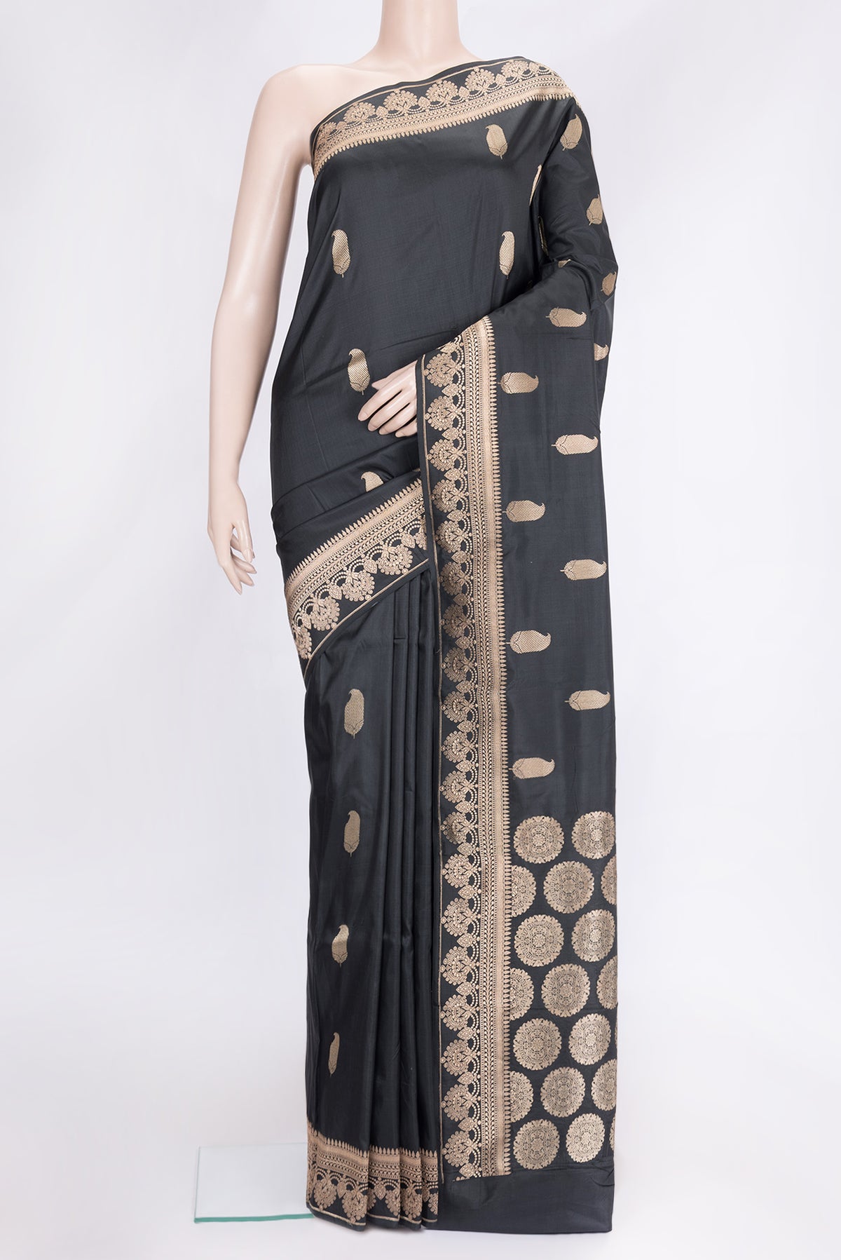 Black Dual Tone Banarasi Silk Saree with Zari Butta on the body and Zari Border.  displayed on a mannequin