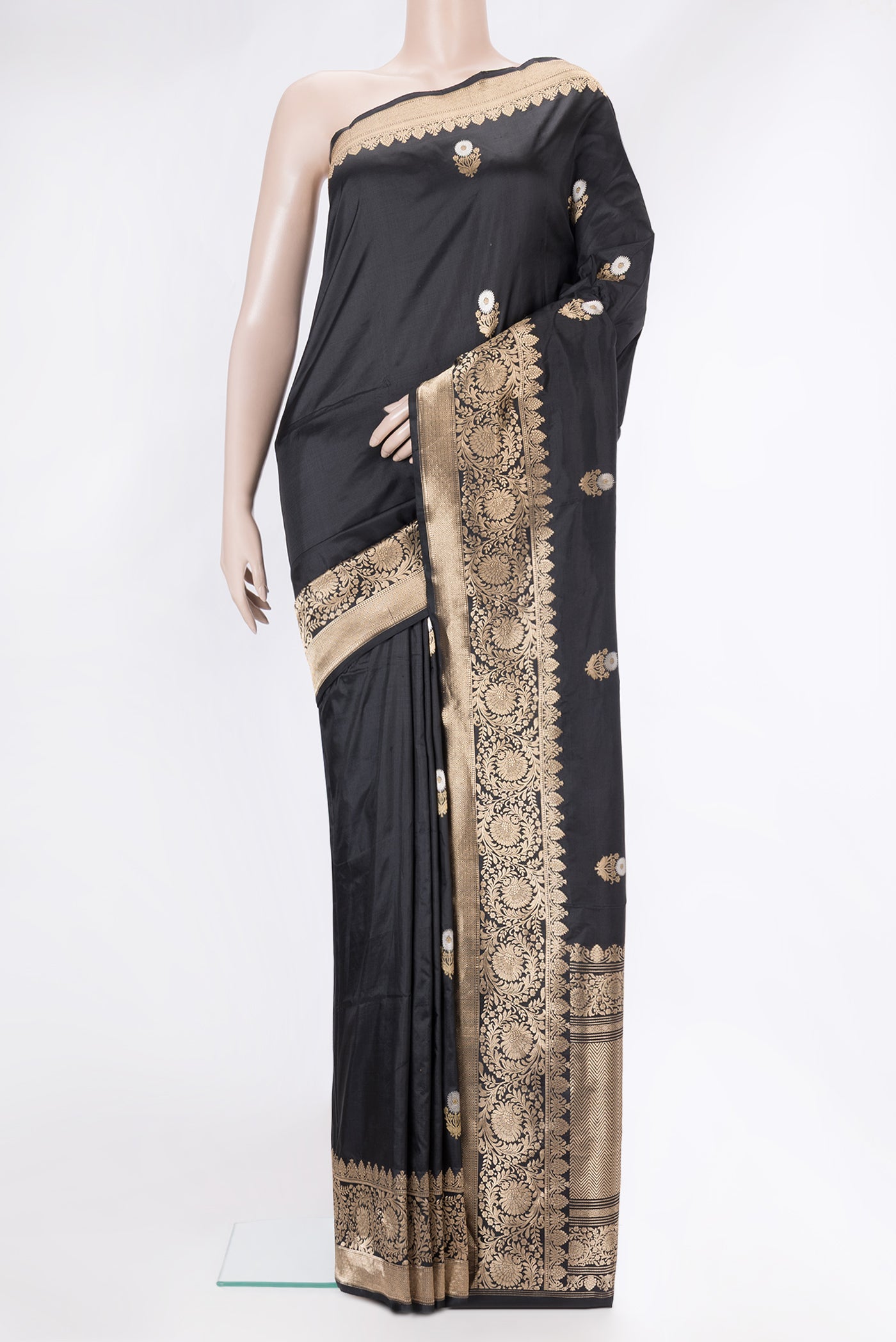 Black Dual Tone Banarasi Silk Saree with Zari Butta on the body and Zari Border.  displayed on a mannequin