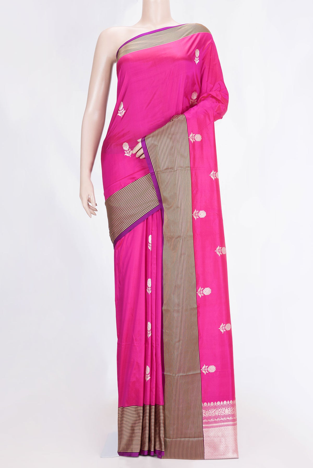 Pink Dual Tone Banarasi Silk Saree with Zari Butta on the body and Thread Border.  displayed on a mannequin