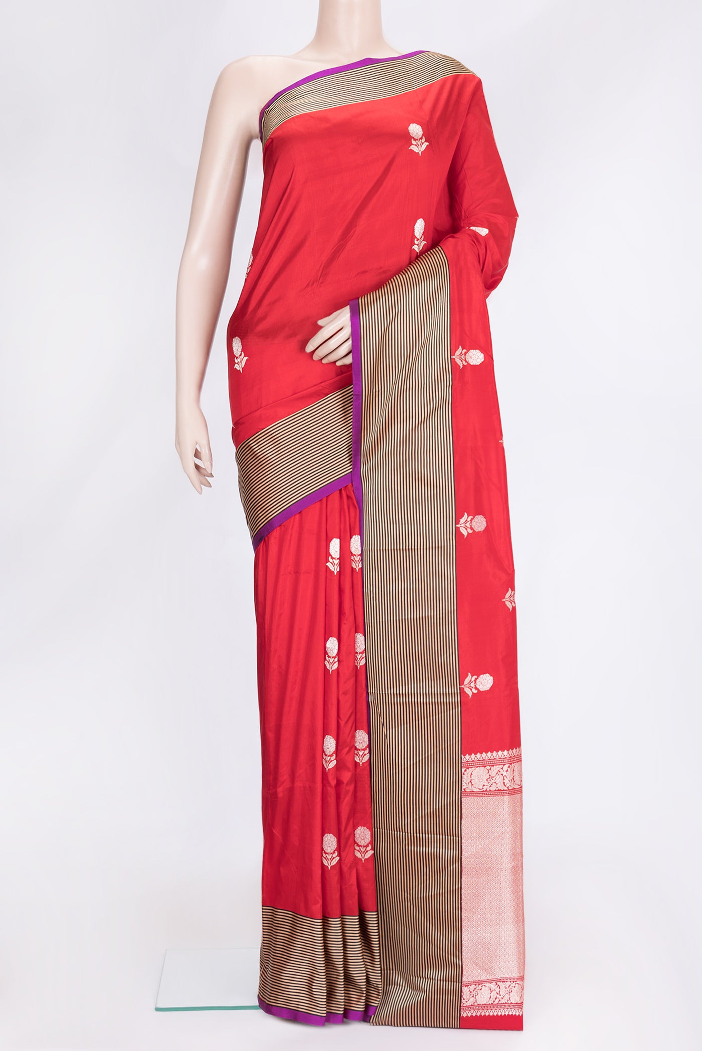 Red Dual Tone Banarasi Silk Saree with Zari Butta on the body and Thread Border.  displayed on a mannequin