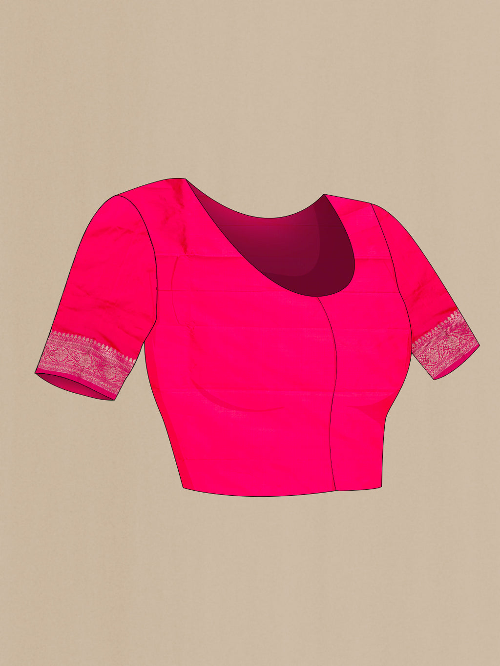 Close up image of the blouse of Pink Banarasi Silk Saree with Zari Butta on the body and Zari Border. 