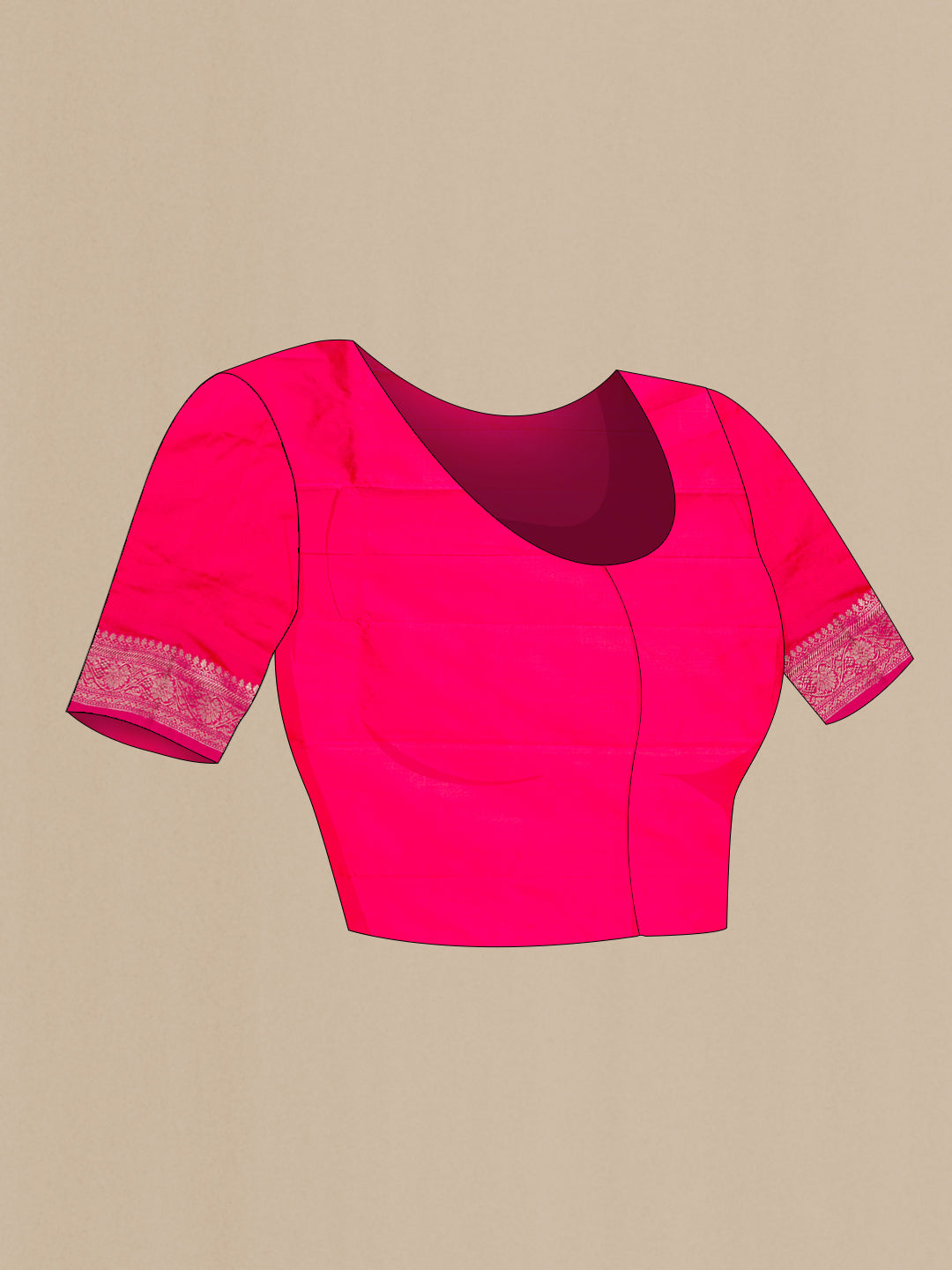 Close up image of the blouse of Pink Banarasi Silk Saree with Zari Butta on the body and Zari Border. 