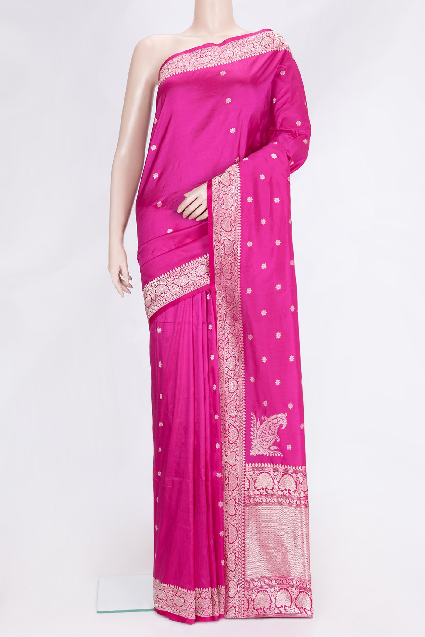 Dark Pink Dual Tone Banarasi Silk Saree with Zari Butta on the body and Zari Border.  displayed on a mannequin