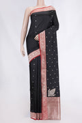 Black Dual Tone Banarasi Silk Saree with Zari Butta on the body and Zari Border displayed on a mannequin