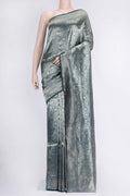 Peacock Blue Dual Tone Banarasi Silk Saree with Zari Brocade on the body and Zari Border.  displayed on a mannequin