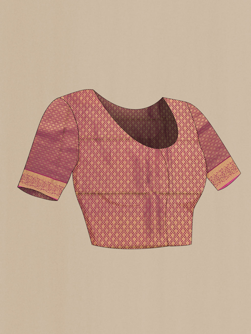 Close up image of the blouse of Sandal Mysore Crepe Saree with Printed design on the body and Zari Border. 