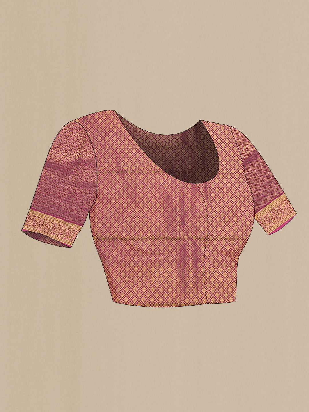 Close up image of the blouse of Sandal Mysore Crepe Saree with Printed design on the body and Zari Border. 