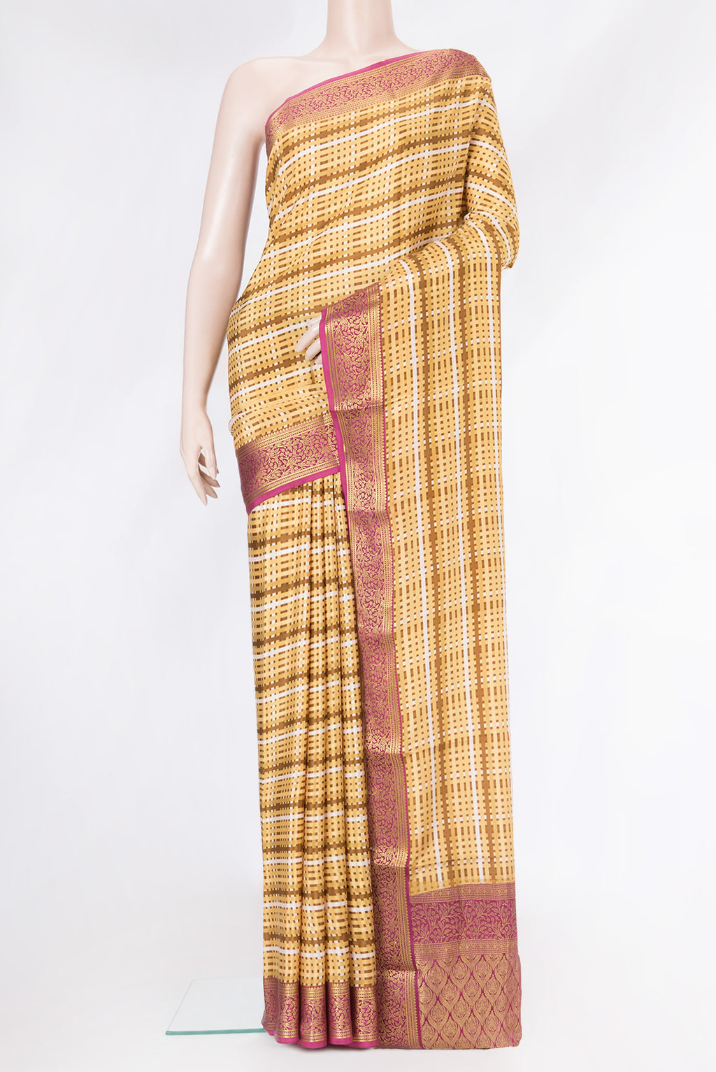 Sandal Mysore Crepe Saree with Printed design on the body and Zari Border.  displayed on a mannequin
