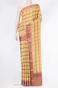 Sandal Mysore Crepe Saree with Printed design on the body and Zari Border.  displayed on a mannequin