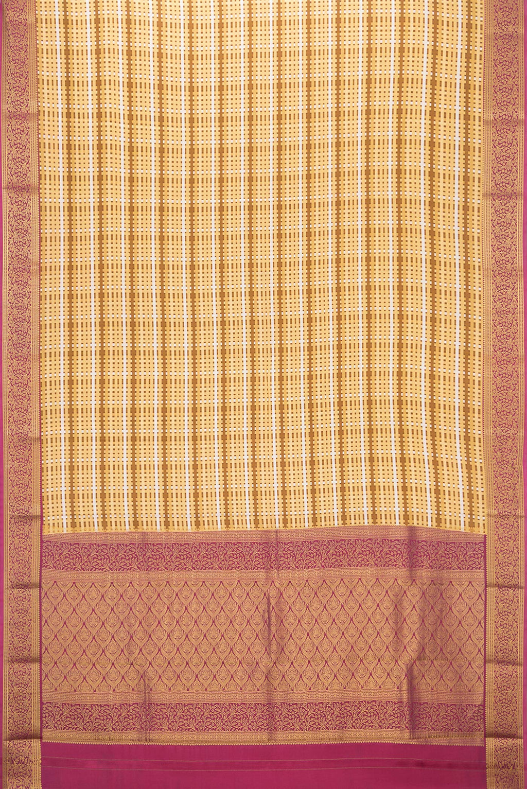 Flat view of Sandal Mysore Crepe Saree with Printed design on the body and Zari Border. 
