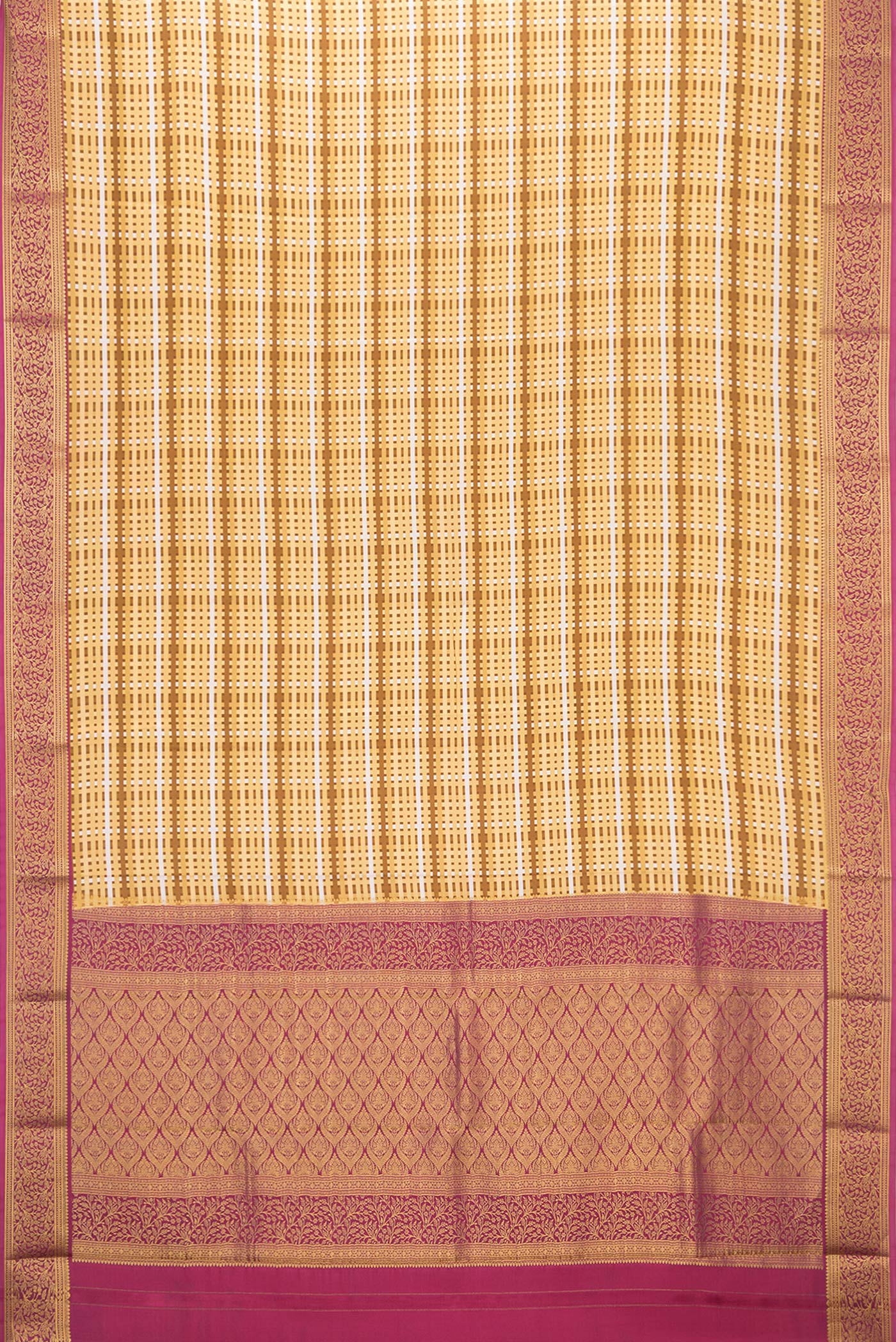 Flat view of Sandal Mysore Crepe Saree with Printed design on the body and Zari Border. 