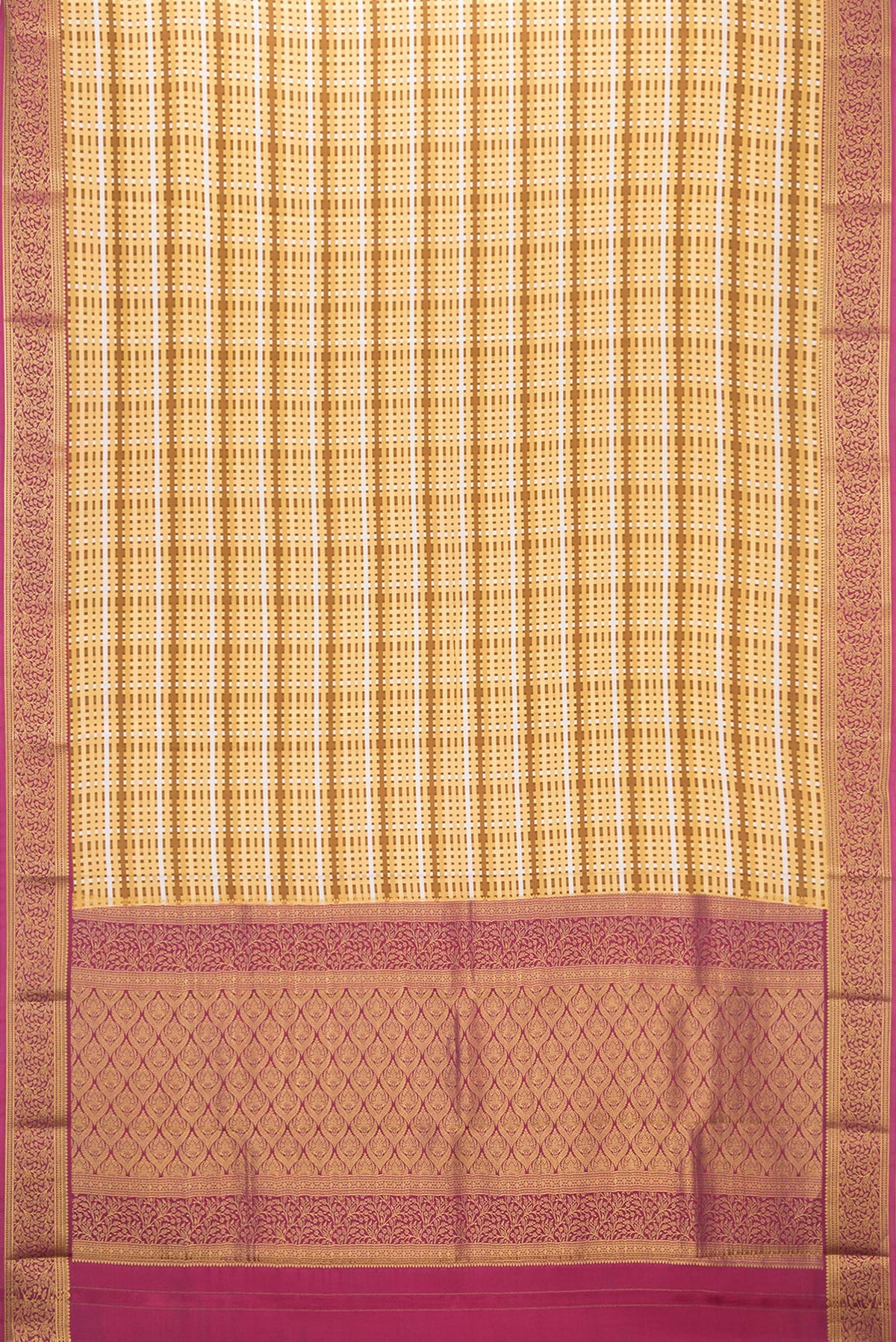 Flat view of Sandal Mysore Crepe Saree with Printed design on the body and Zari Border. 