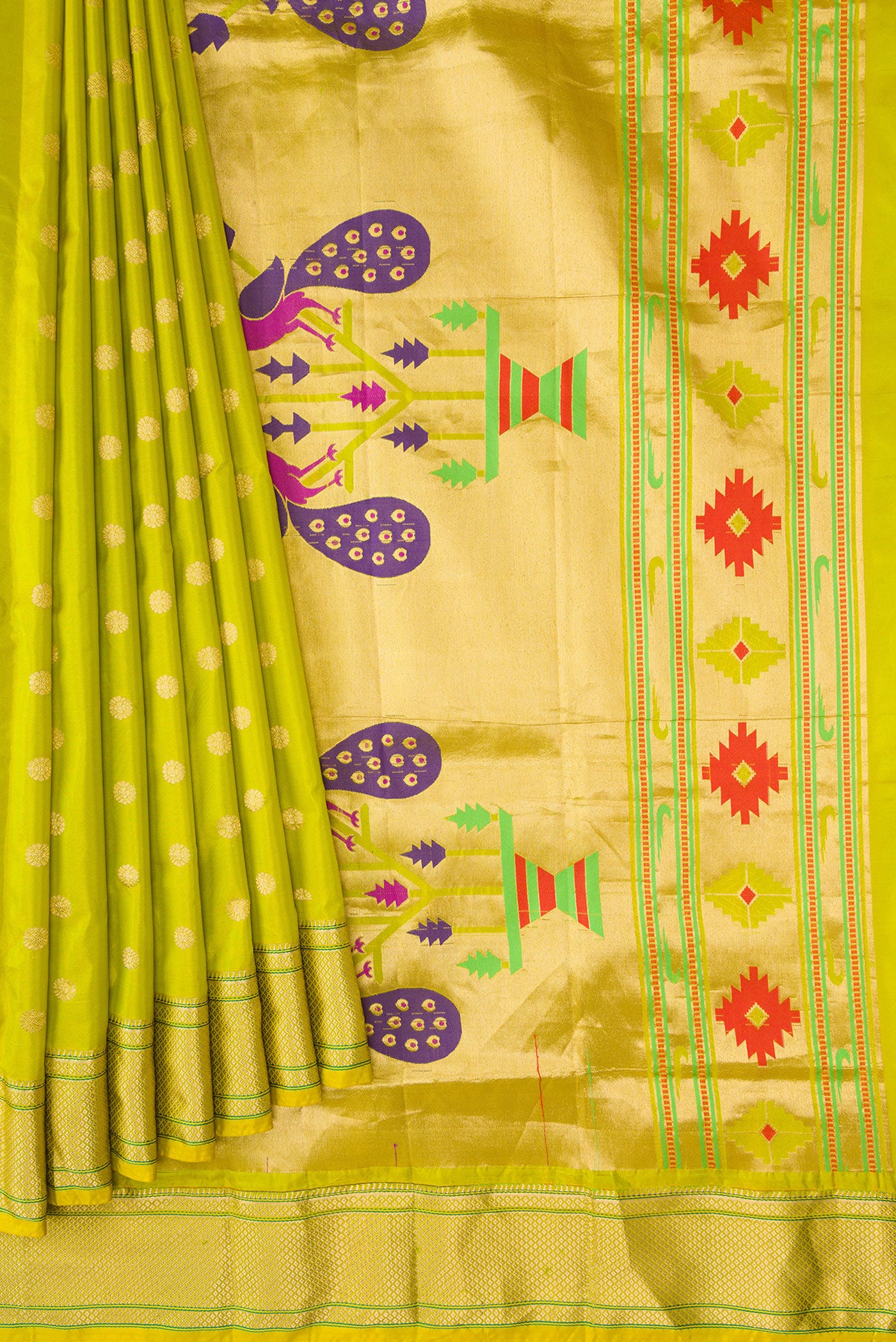 Pleats and pallu of Parrot Green Dual Tone Paithani Silk Saree with Zari Butta on the body and Zari Border. 