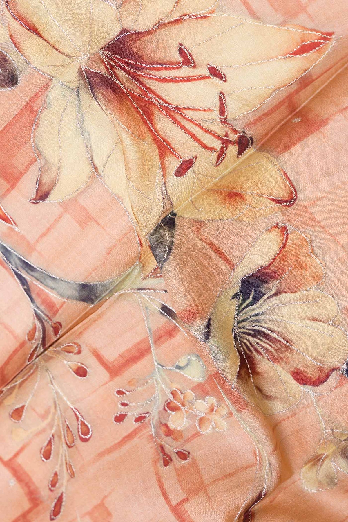 Close up of Peach Dual Tone Tussar Silk SareePrinted design on the body and Plain Border displaying folds