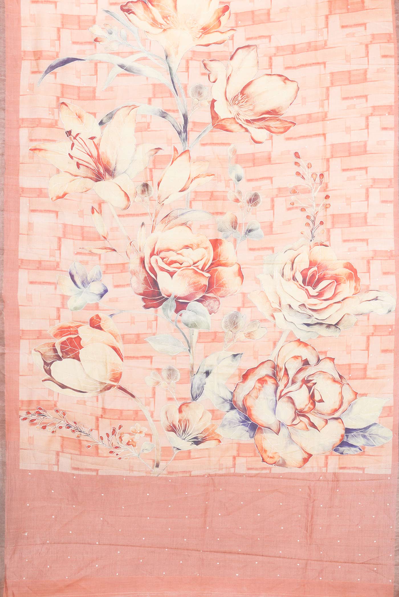 Flat view of Peach Dual Tone Tussar Silk SareePrinted design on the body and Plain Border