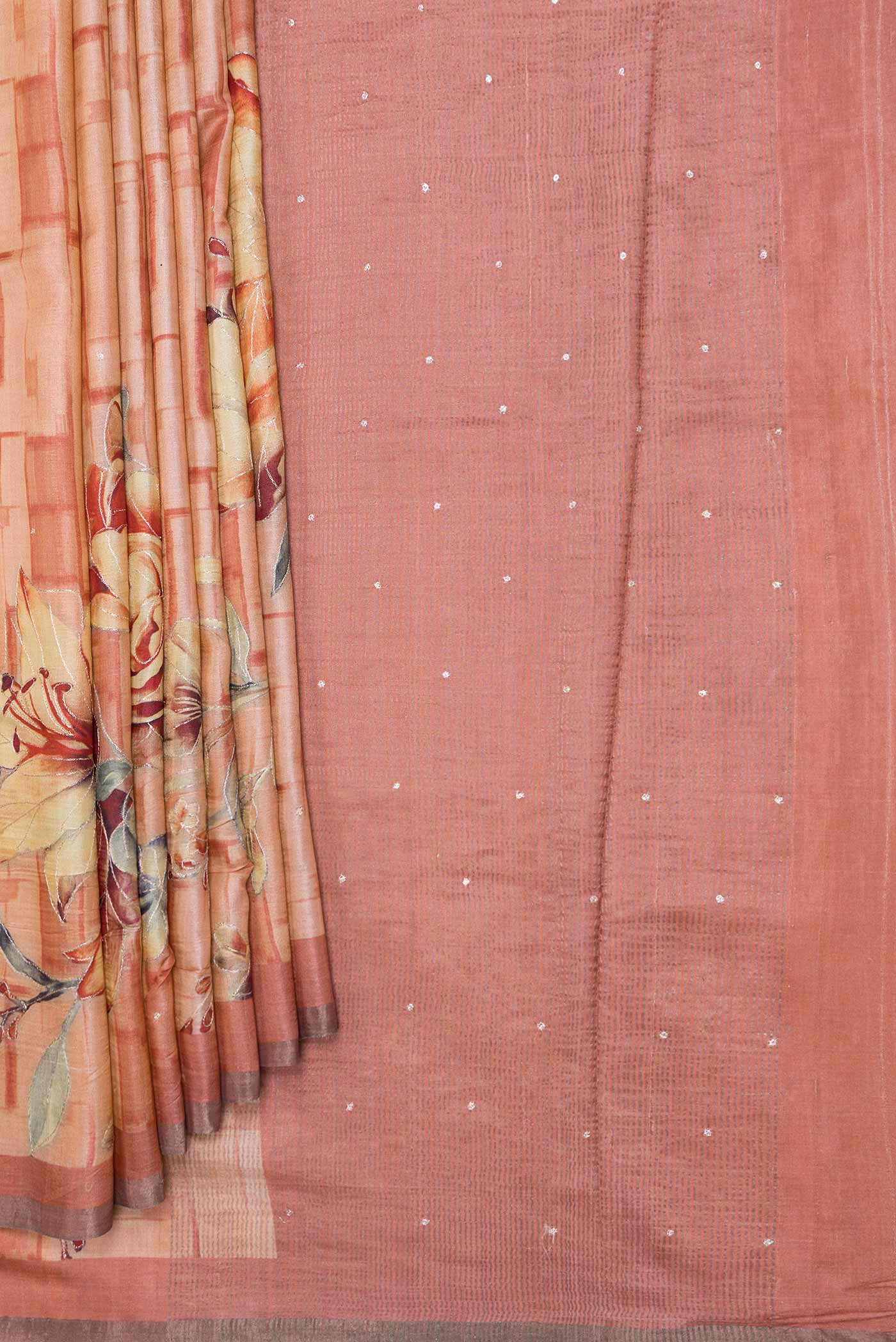 Pleats and pallu of Peach Dual Tone Tussar Silk SareePrinted design on the body and Plain Border